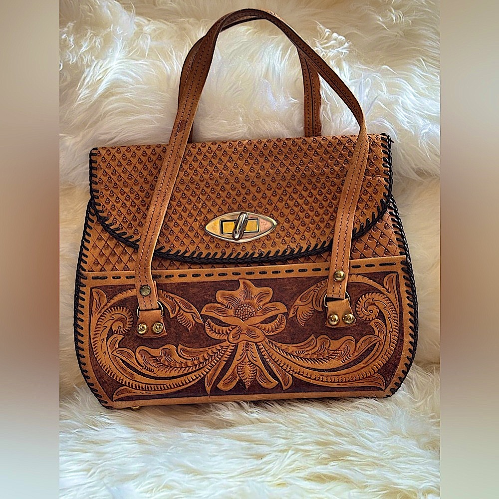Vintage tooled leather purse, floral bag, boho bag, flowered purse, handmade